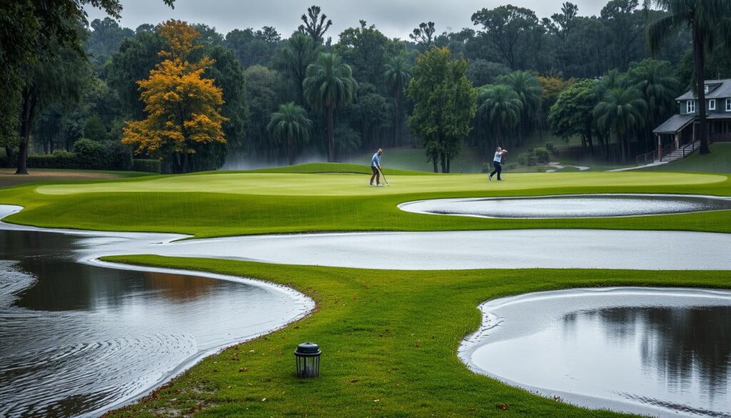 Golf course in rain