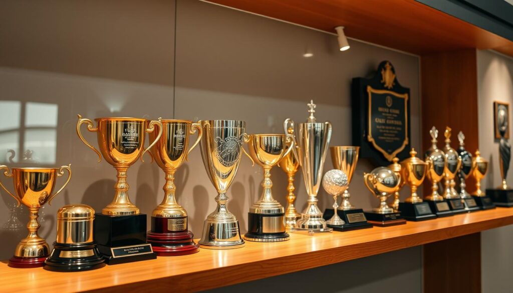 Golf trophies on display